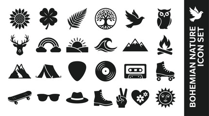 Naklejka premium Bohemian Nature and Outdoor Adventure Silhouette Icon Set for Vintage Travel and Hobby Design