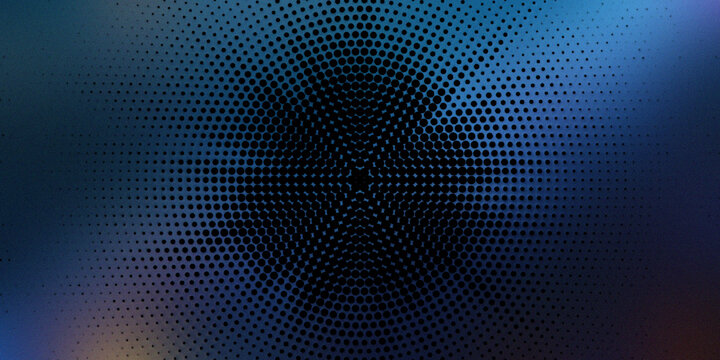 Abstract dark blue background with radial halftone dot pattern creating an illusion of depth and movement, modern digital art.