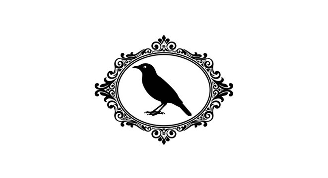 Black bird in ornate frame.