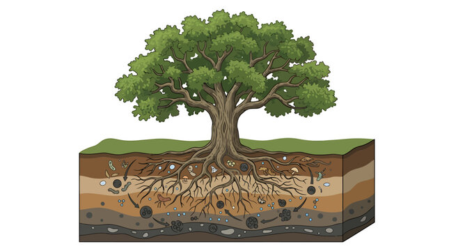 Large tree with deep roots storing carbon in soil layers