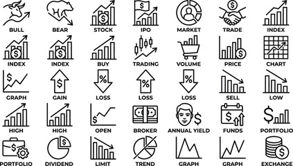 Fototapeta premium Stock Market and Financial Analytics Line Icon Set with Bull Bear Economy Growth and Investment Trading Concept Vector Symbols