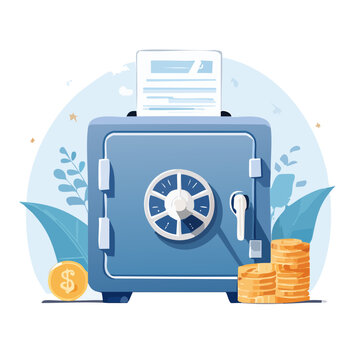 Flat illustration of a safe with coins and document