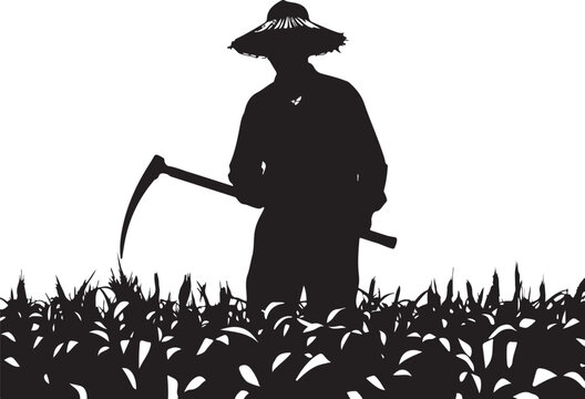 Silhouette of a farmer standing in a field with a sickle