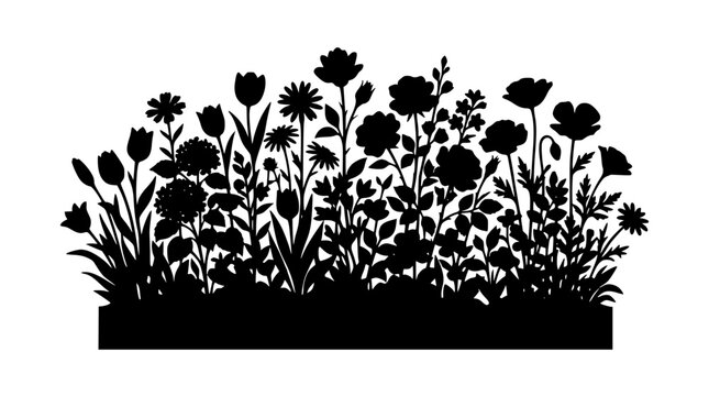 Black silhouette of a wildflower garden bed with various flowers and plants