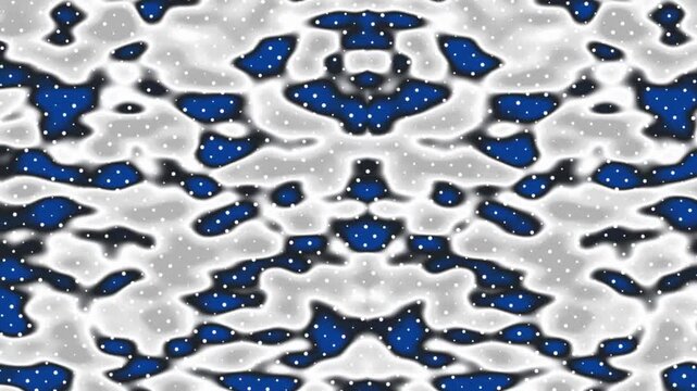 Kaleidoscopic pattern of blue abstract shapes on a gray textured background