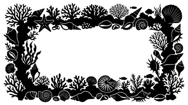 Underwater sea life border silhouette with coral and shells