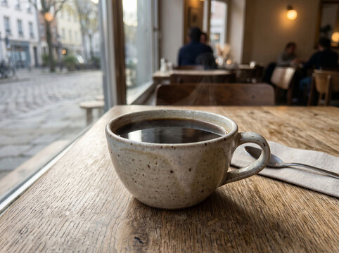 Hot black coffee in rustic ceramic cup on wooden table cozy coffee shop interior with blurred window view morning lifestyle backdrop
