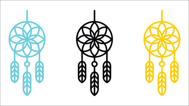 Dreamcatcher line art, simple black tribal dream catcher design with feathers and circular web pattern, minimalist bohemian decorative symbol, isolated vector illustration on white background.