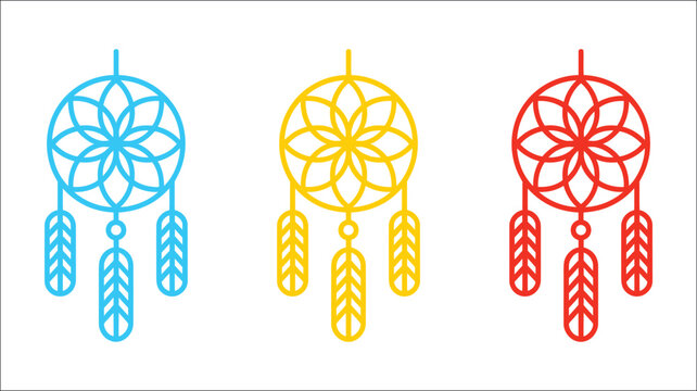 Dreamcatcher line art, simple black tribal dream catcher design with feathers and circular web pattern, minimalist bohemian decorative symbol, isolated vector illustration on white background.