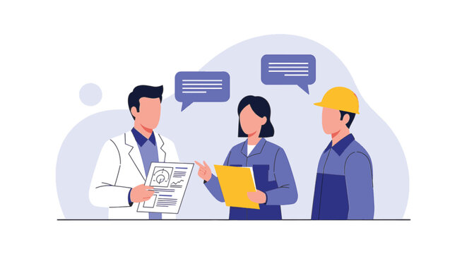 Flat vector illustration of a scientist, technician, and engineer in a hard hat discussing technical reports and data charts with speech bubbles on a white background.