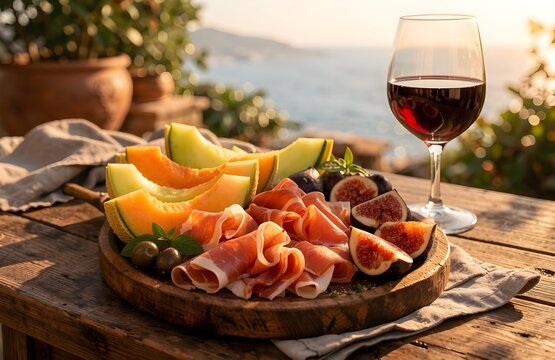 Estate: salutare merenda o pranzo con piatto di melone, fichi e prosciutto crudo