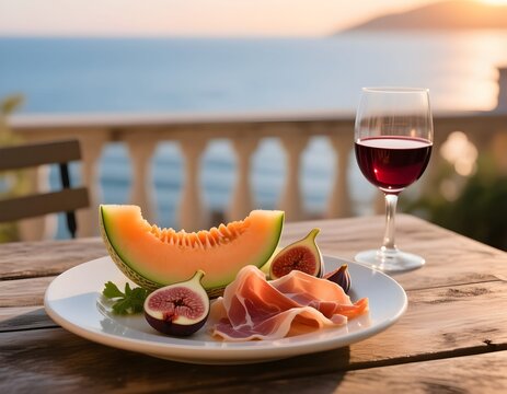 Estate: salutare merenda o pranzo con piatto di melone, fichi e prosciutto crudo