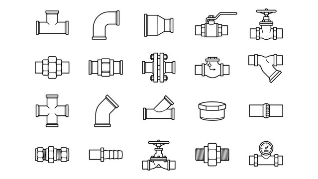 Detailed line drawings of various plumbing fittings and valves