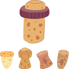 Fototapeta premium Assortment of cork stoppers for wine and champagne bottles, showing various shapes and designs, including traditional and mushroom styles with grape detailing