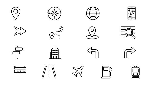 Collection of travel and navigation icons in simple line style