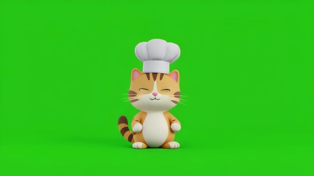 Cute cartoon chef cat character with chef hat standing on green screen background