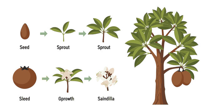 Life cycle of a sapodilla tree Manilkara zapota vector illustration featuring growth stages from seed to sprout, flowering branch, and mature tree with brown fruit on white background.