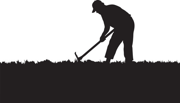 Silhouette of a man digging with a shovel in a field person