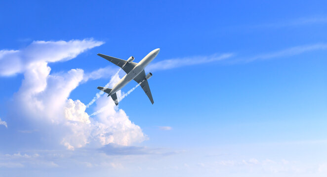 Horizontal nature background with aircraft and Jet trailing smoke in sky. Airplane and condensation trail. Foggy jet trail and plane in blue sky with white clouds. Traveling the world concept
