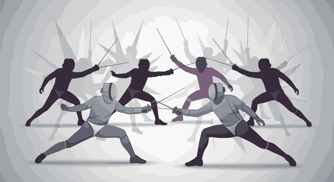 Abstract vector illustration of fencer silhouettes in lunging poses. Features detailed athletes with epees on a gray background with abstract geometric shapes and sharp starbursts.
