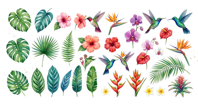 Watercolor Tropical Elements Clipart Set - Hummingbirds, Hibiscus, Monstera Leaves, and Exotic Flowers Isolated on Transparent Background