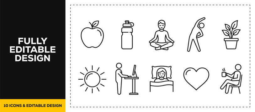 flat vector illustration line art icon bundle set design featuring wellness yoga lotus pose healthy food sun clock and fitness lifestyle graphics for modern ui ux apps