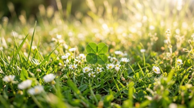 Tranquil Nature Scene: Vibrant Green Clover in Grassy Three-leaf with rounded leaves serving as