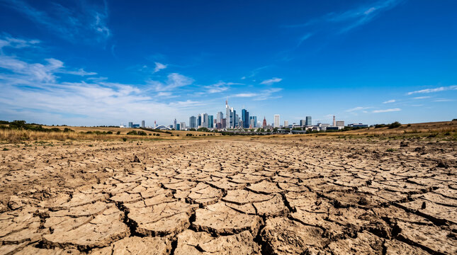 Cracked dry earth with Frankfurt city skyline under clear blue sky.