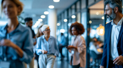 Fototapeta premium Spacious modern office hallway with soft defocused depth, natural office lifestyle scene with subtle motion blur, shallow depth of field and anonymous participants, professional business