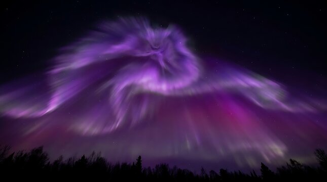Vibrant purple aurora borealis illuminates the dark night sky with swirling light patterns above a silhouette of tall trees captured in this high resolution image
