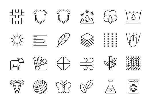 Fabric Feature Flat Line Icons Featuring Clothes Symbols Silk Cotton Breathable Waterproof Material Handwash Cashmere Yarn Textile Industry Garment Properties Editable Stroke Pixel Perfect Vector
