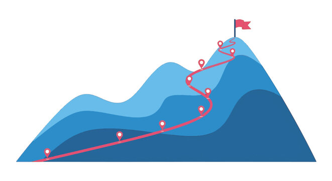 Minimalist vector graphic of a blue layered mountain with a red winding path and map pins leading to a summit flag, depicting progress, milestones, and business goal achievement.