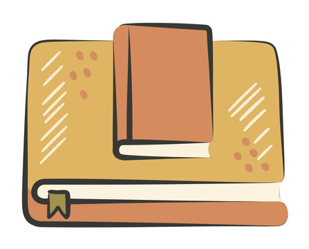 Stack of books with bookmark and abstract pattern illustration.