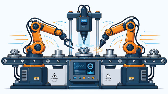 Robotic Arms Assembling Precision Parts on Automated Production Line with Digital Interface Display