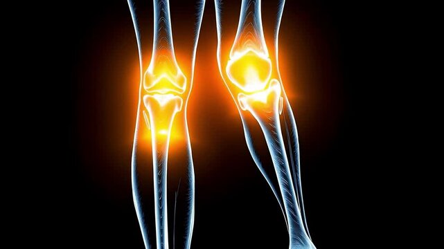 high-quality 3D medical animation provides a detailed visualization of the human knee joints. The video highlights areas of intense inflammation, pain through a glowing effect within the joint structu
