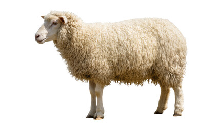 Obraz premium Fluffy white sheep with thick wool standing profile view