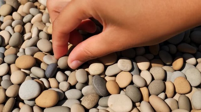 hand placing pebbles on a neutral pebble surface close-up nature beach brown gray commercial natural light clean background copy space editorial educational visual story design resource web.