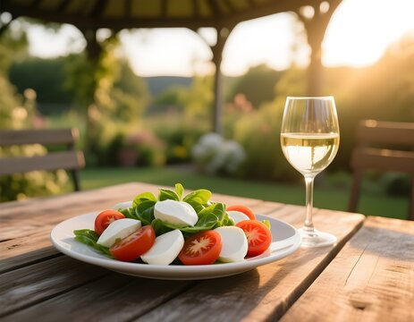 Dieta estiva e salutare: ricca insalata caprese con pomodori, basilico, mozzarella e olio di oliva
