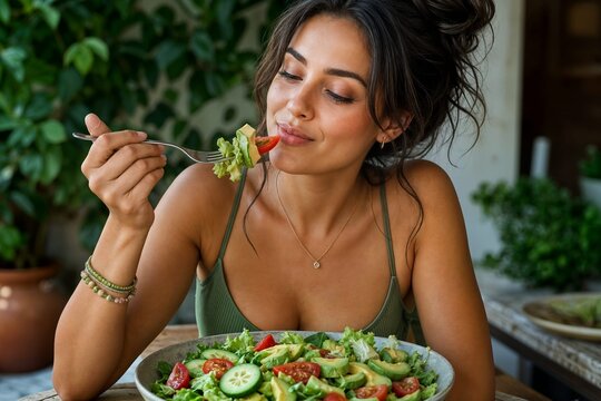 Dieta estiva e salutare: bella donna che  gusta una ricca insalata con pomodori, olive, feta, basilico, lattuga, cetrioli e olio di oliva