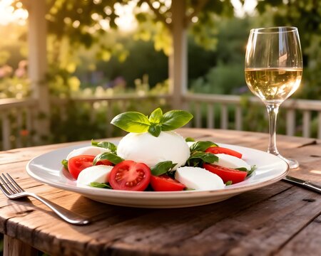Dieta estiva e salutare: ricca insalata caprese con pomodori, basilico, mozzarella e olio di oliva
