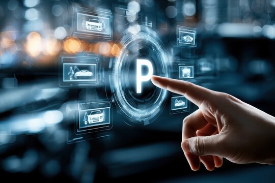 Hand touching smart parking system interface with car icons and blurred city background