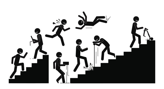 Black stick figure icon set featuring various characters climbing stairs, falling, running, and performing manual labor tasks on a staircase isolated on a white background.