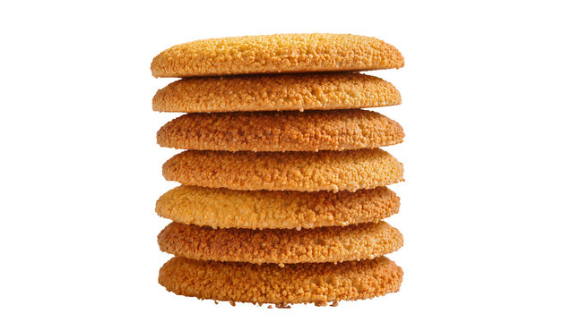 Stack of golden brown crunchy cookies with textured surface