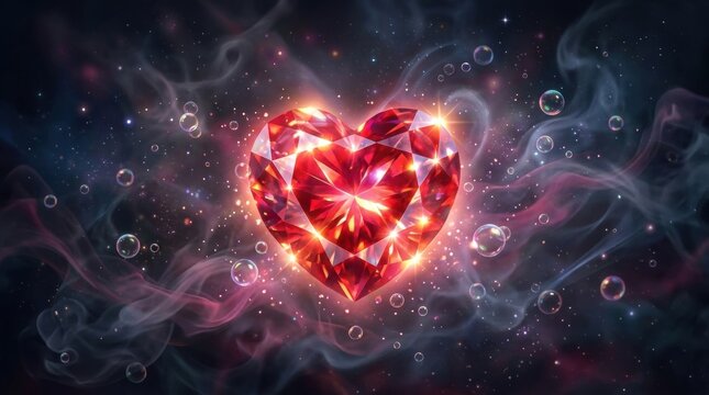 Vibrant digital art: close-up of heart-shaped red gemstone Shattered crystal heart exploding with sparkling fragments