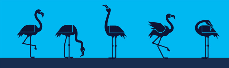Naklejka premium Set of five flamingo silhouettes in various poses on a vibrant blue background, illustrating different bird behaviors and postures.