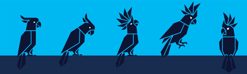 Vector illustration of five stylized cockatoo birds in blue and black colors. © Riki