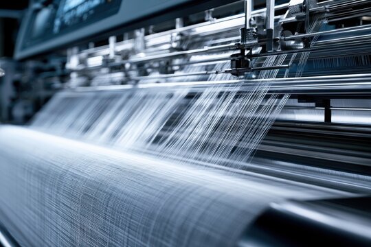 Modern Industrial Weaving Machine Producing Blue Fabric with High-Speed Precision in Textile Factory