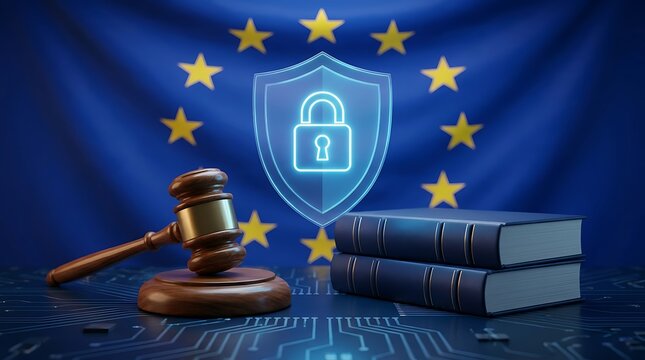 Digital data protection regulation concept european union flag background wooden gavel court books digital security lock shield icon symbolizing law compliance legal privacy data sovereignty.