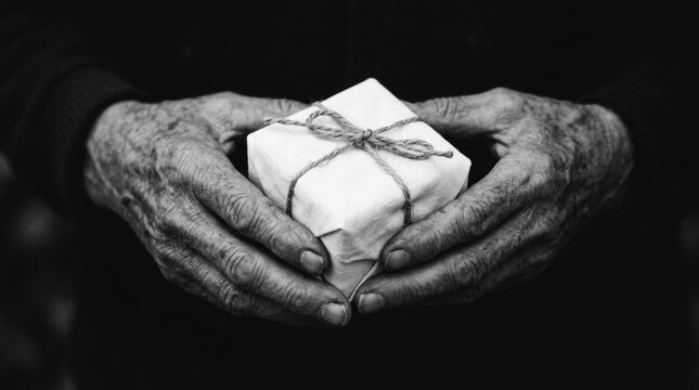 Vintage hands holding symbolic gift box in black Elderly craftsman working with traditional rope