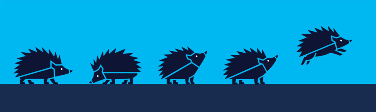 Hedgehog animation sequence showing walking and jumping on a blue background.